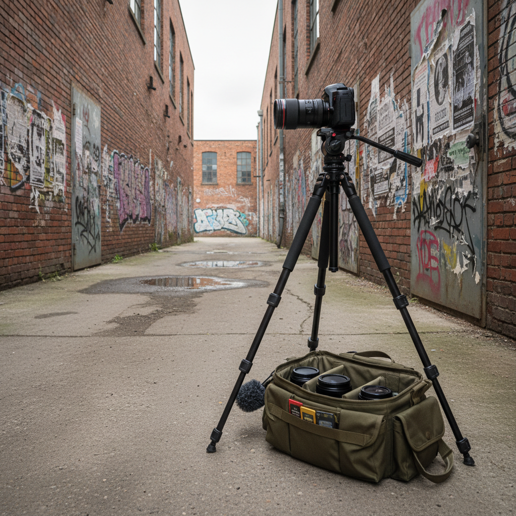 A sturdy black tripod-mounted DSLR camera pointed toward an empty industrial alleyway, framed by weathered brick walls covered with fading posters and graffiti. At the base of the tripod lies an open camera bag showing organized lenses, a compact microphone, and memory cards neatly arranged in padded compartments. The setting is in soft overcast daylight, with muted, even light that enhances the gritty textures of concrete, peeling paint, and torn paper. Photographic realism, composed using the rule of thirds from a low, side angle, creating a calm yet tense atmosphere, emphasizing readiness to capture raw, real-world documentary footage.
