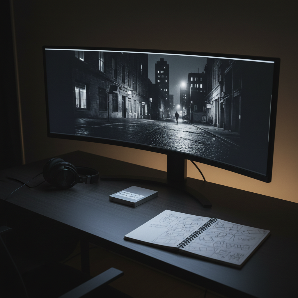 A minimalist editing workstation with a large ultra-wide monitor displaying a paused frame from a black-and-white documentary: a stark urban landscape at night. On the sleek dark desk sit high-quality studio headphones, an external hard drive labeled with handwritten project codes, and a notebook filled with storyboard thumbnails. The room is lit mainly by the cool glow of the monitor, with a faint rim of warm light from an unseen lamp behind the desk, creating subtle reflections on the desk’s matte surface. Photographic realism, shot from a three-quarter angle with moderate depth of field, evoking a focused, contemplative atmosphere of late-night independent film editing.