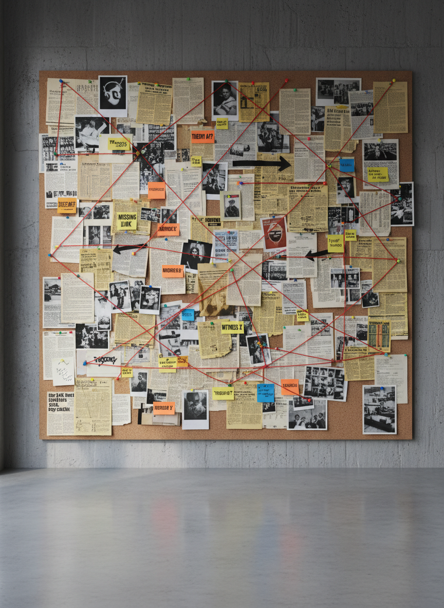A large corkboard covering an entire wall, densely layered with printed photographs, typed documents, and newspaper clippings connected by red string and color-coded pins. Small sticky notes with bold headlines and arrows overlap the edges of the pages. The board stands in a minimalist studio space with concrete flooring and neutral gray walls. Cool, diffused window light enters from the left, creating gentle, directional shadows that highlight the texture of the paper and string. Photographic realism, captured straight-on with sharp focus throughout, conveying a meticulous, analytical atmosphere that suggests deep investigative work and complex storytelling.