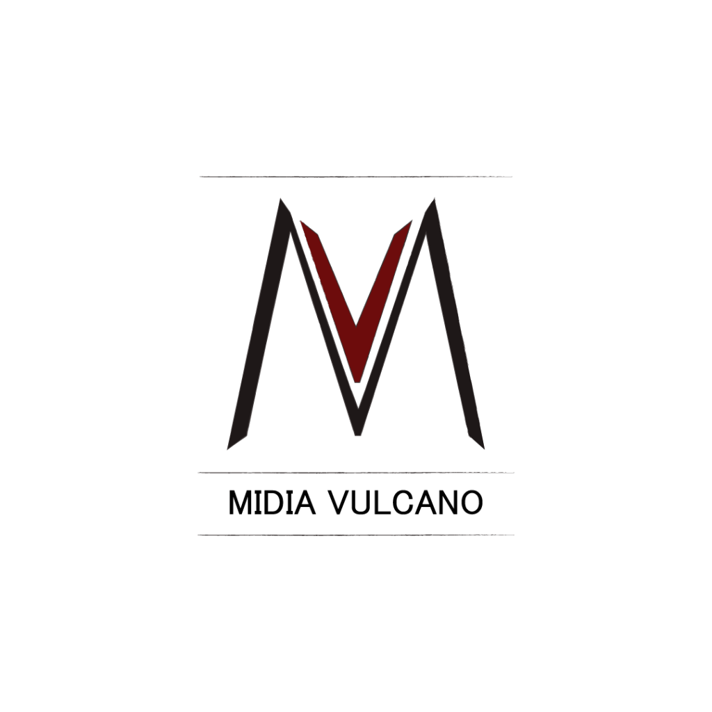 The image displays a logo for Midia Vulcano, featuring a stylized letter "M" with a red "V" inside it. The logo is centere...